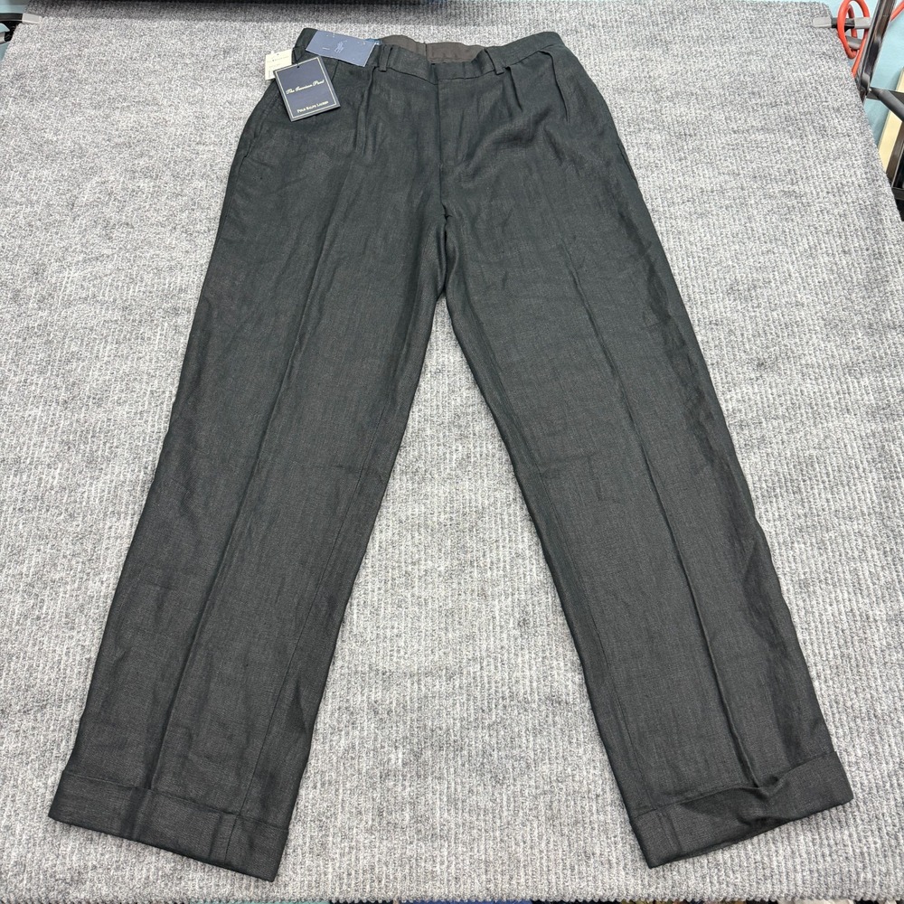 VTG Polo Ralph Lauren Pants Mens 31x30 Black 100% Linen Pleated Cuffed Trousers